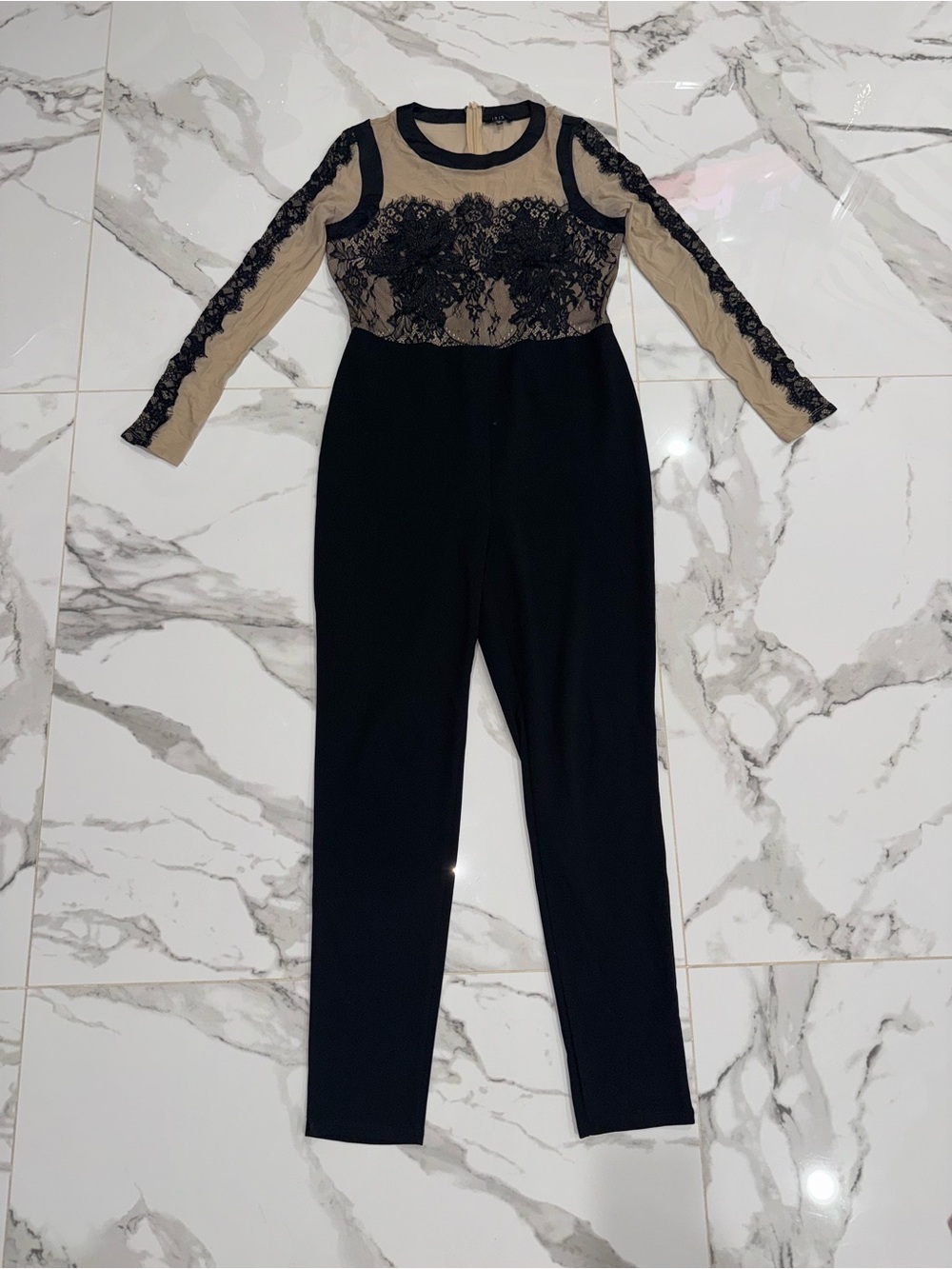 iris Black and Nude Lace-Trim Jumpsuit